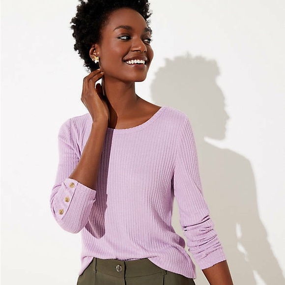 LOFT Purple Lilac Long Sleeve Waffle Knit Button Scoop Neck Ribbed Sweater Large - Picture 1 of 7